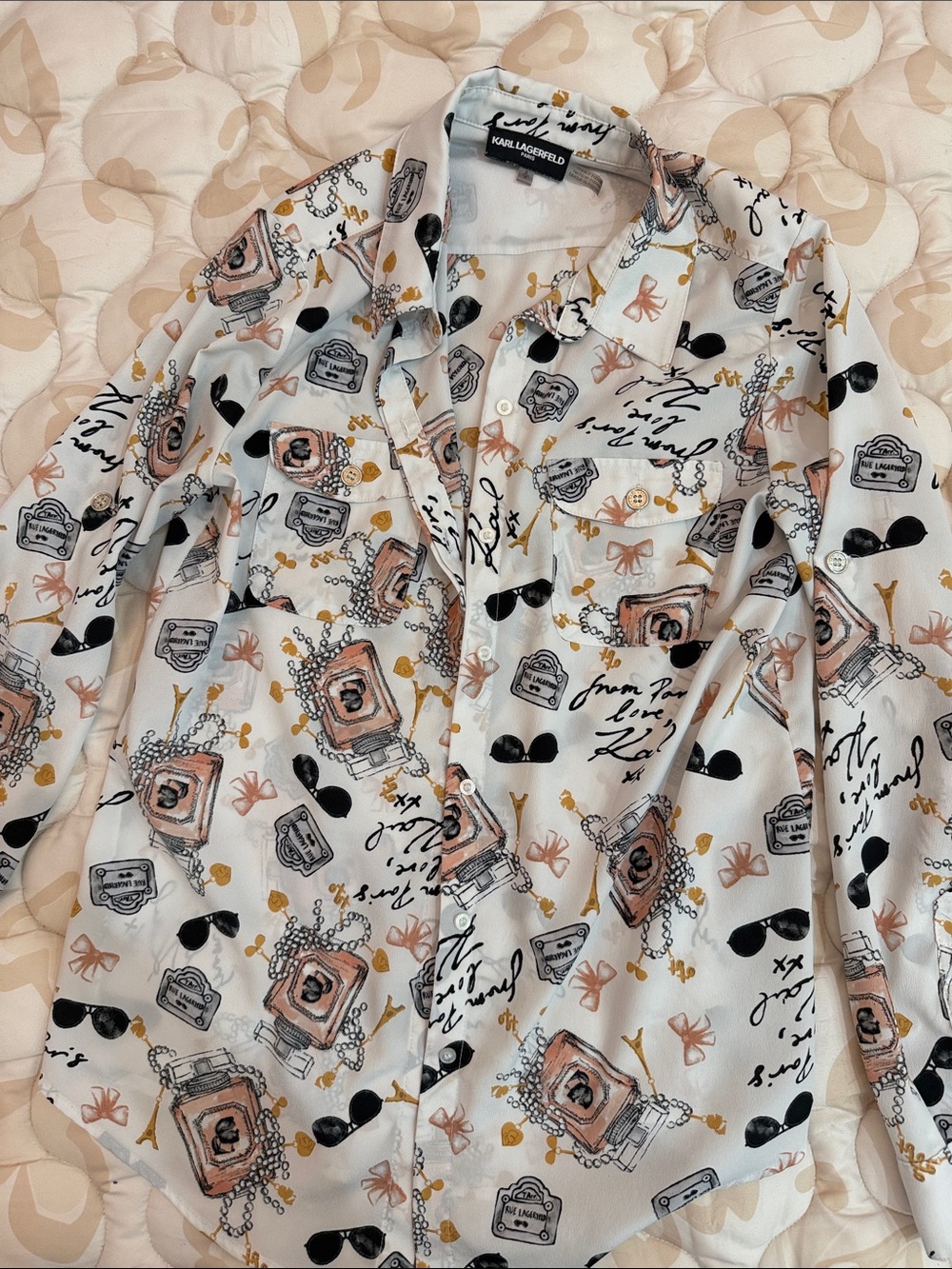 Karl Lagerfeld White Button-Down Shirt with Pink and Black Motif